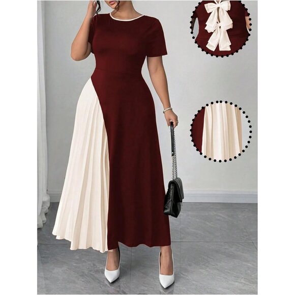 Women's Plus Size Color Block Pleated Maxi Dress Short Sleeve Formal - Picture 3 of 5